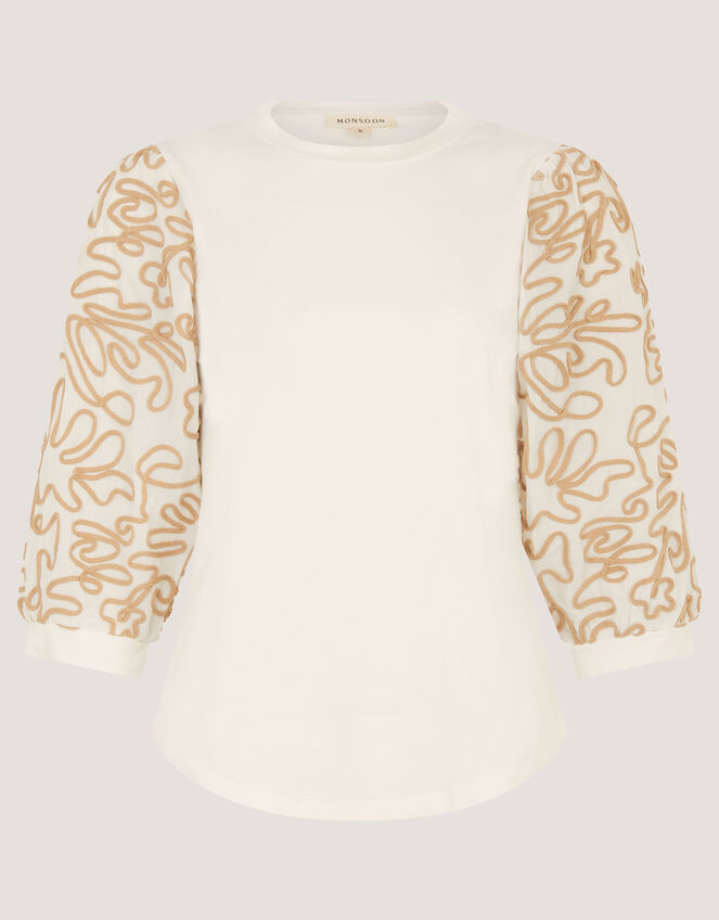 Freya Embroidered Sleeve Top, Ivory (IVORY), large
