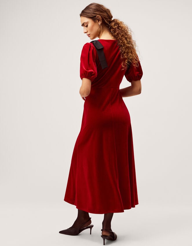 Betty Bow Velvet Midi Dress, Red (RED), large