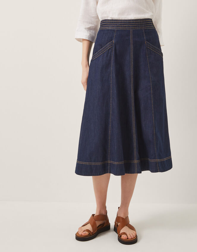Harper Seamed Denim Midi Skirt, Blue (INDIGO), large