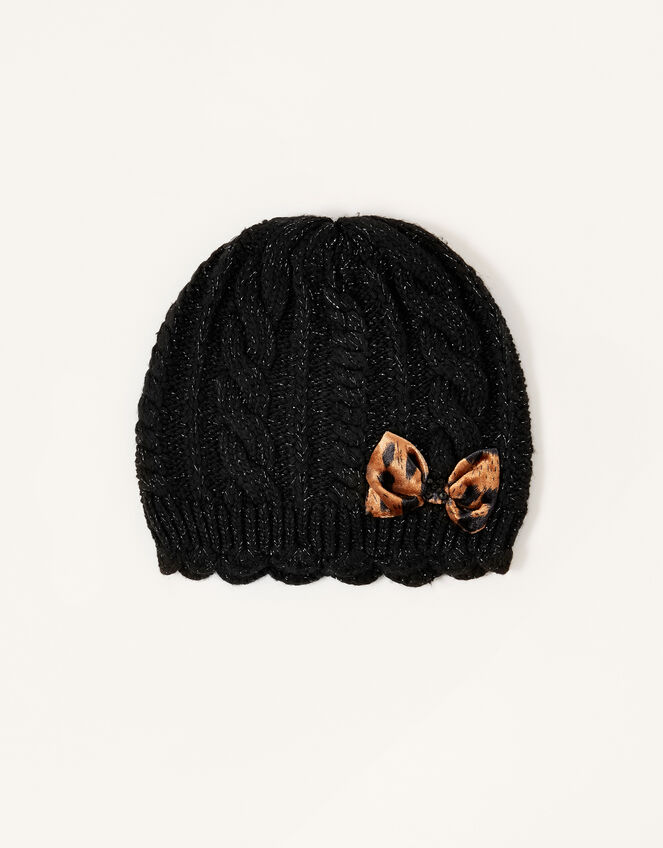 Leopard Bow Sparkle Beanie, Black (BLACK), large