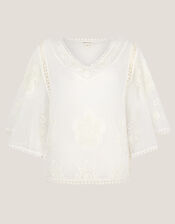Lena Sheer Embroidered Angel Sleeve Top, White (WHITE), large