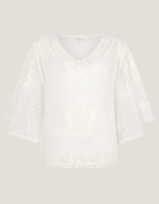Lena Sheer Embroidered Angel Sleeve Top, White (WHITE), large