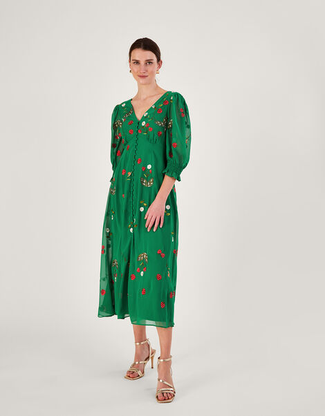 Simone Button Through Embroidered Dress in Recycled Polyester Green, Green (GREEN), large