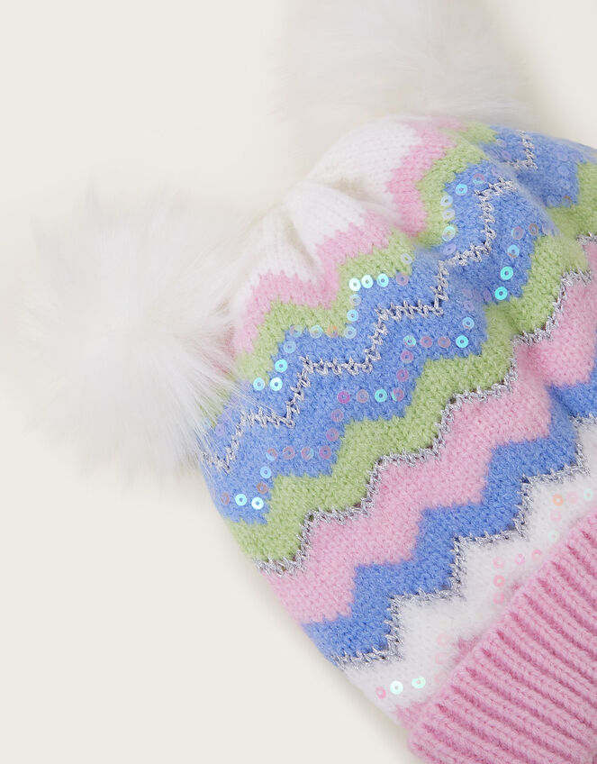 Double Faux Fur Pom Sequin Knit Beanie Hat, Multi (MULTI), large