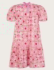 Heart Print Puff Sleeve Dress, Pink (PINK), large