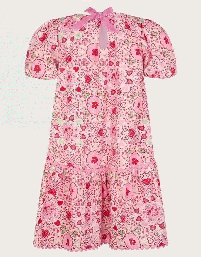 Heart Print Puff Sleeve Dress, Pink (PINK), large