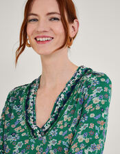 Ditsy Embellished Shirred Jersey Top, Green (GREEN), large