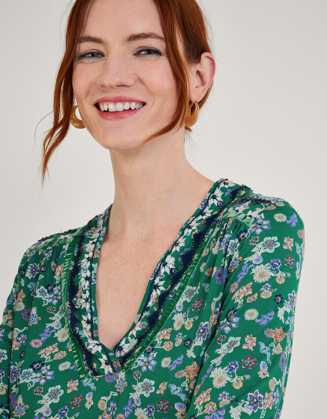 Ditsy Embellished Shirred Jersey Top, Green (GREEN), large