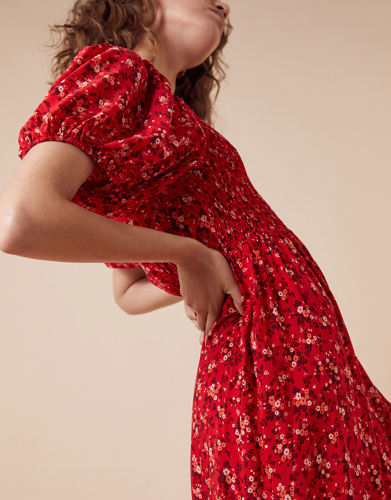 red ditsy floral dress