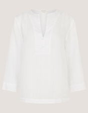 Alexis Knot Button Linen Top, White (WHITE), large