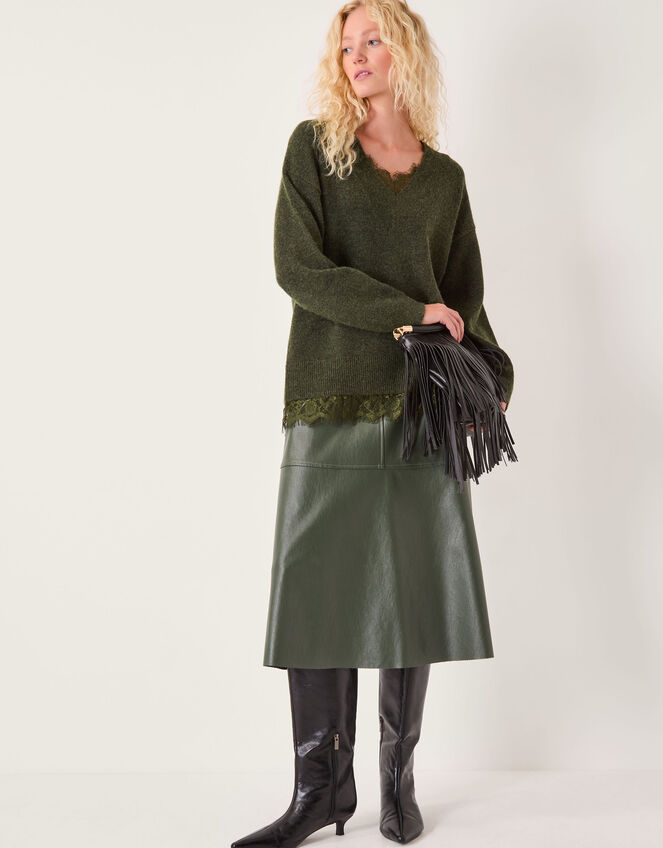 Leanne Lace V-Neck Sweater, Green (KHAKI), large