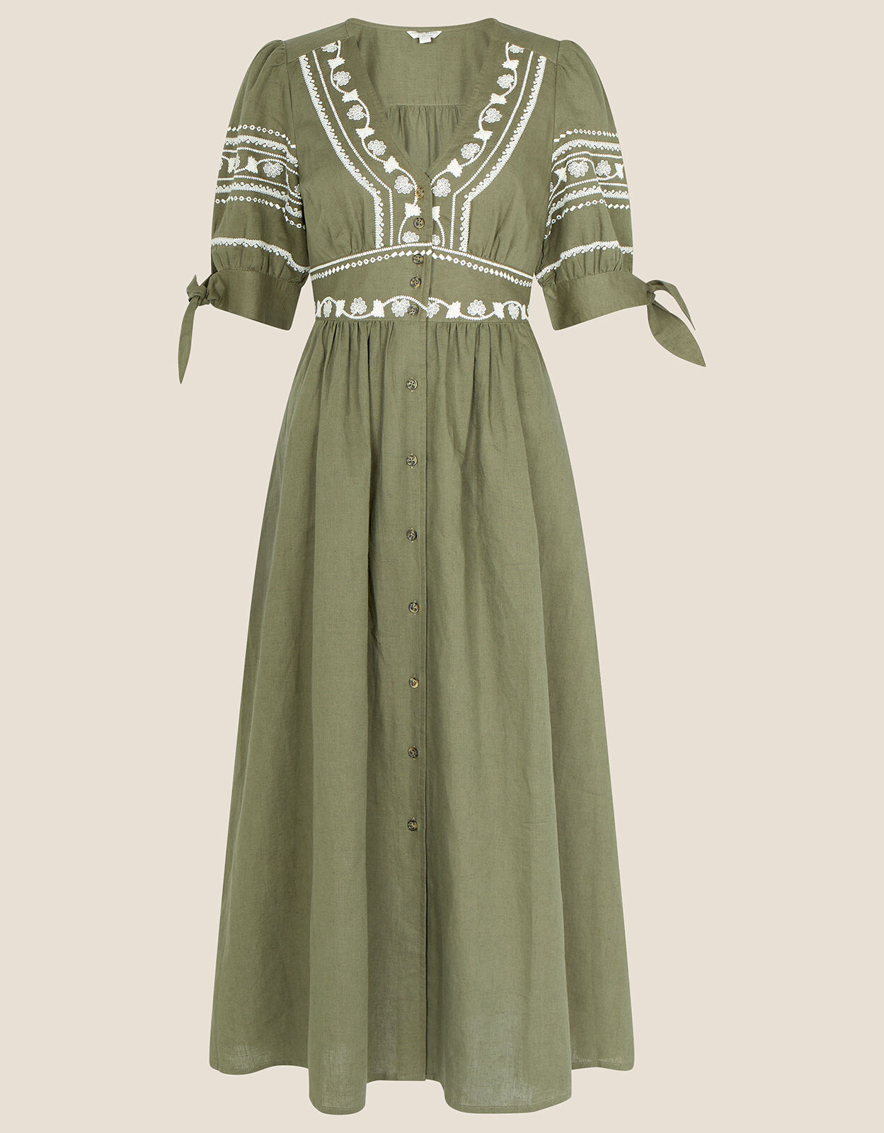 Embroidered Dolly Dress in Linen Blend Green Day Dresses