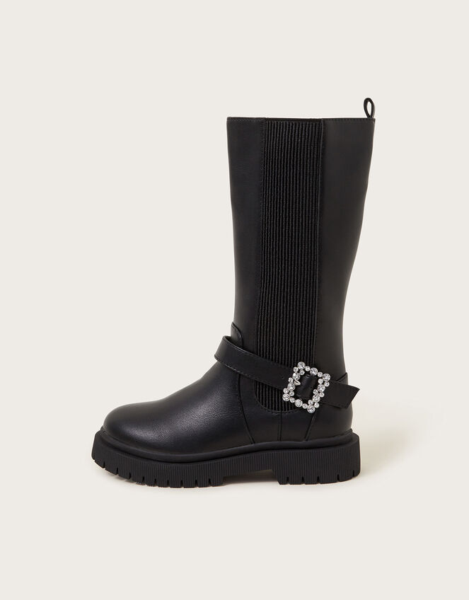 Diamante Buckle Knee High Boots, Black (BLACK), large