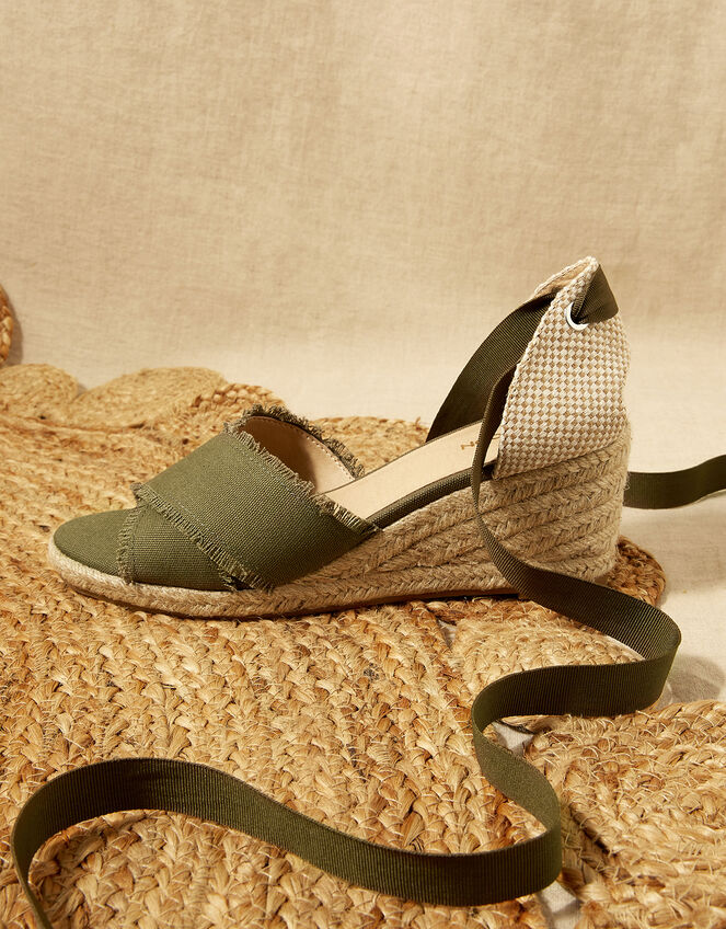 Tie Up Espadrille Wedges, Green (KHAKI), large