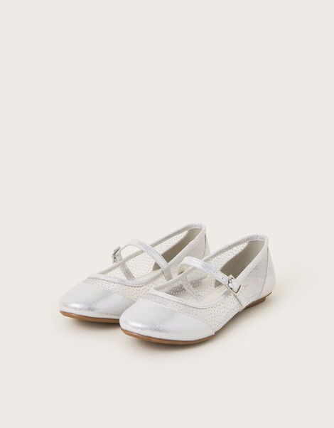 Metallic Mesh Strap Ballet Flats, Silver (SILVER), large