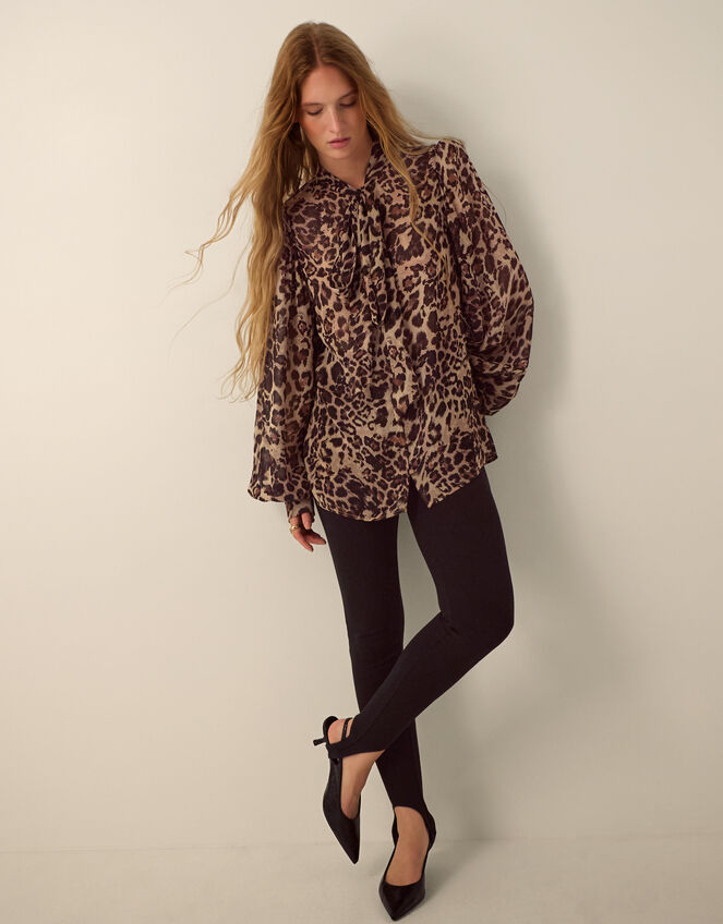 Monsoon x Queens of Archive Lila Tie Neck Leopard Print Blouse​, Brown (BROWN), large