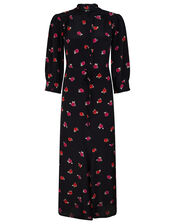 Rose Print Midi Dress in Sustainable Viscose, Black (BLACK), large