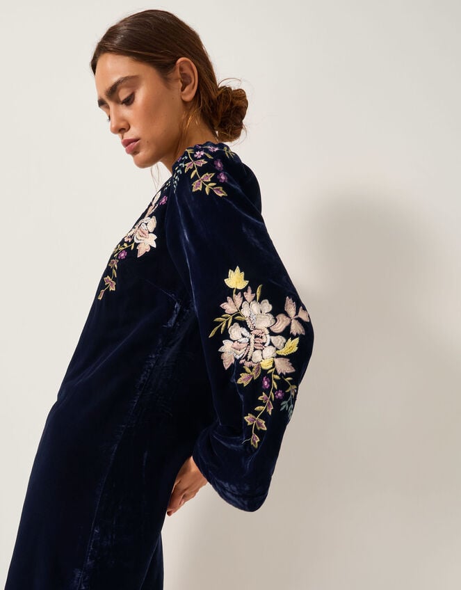 Fallon Floral Embroidered Velvet Mini Dress, Blue (NAVY), large