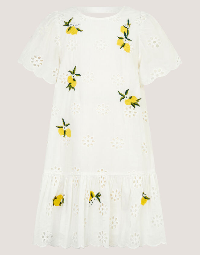 Lemon Embroidered Broderie Dress, White (WHITE), large