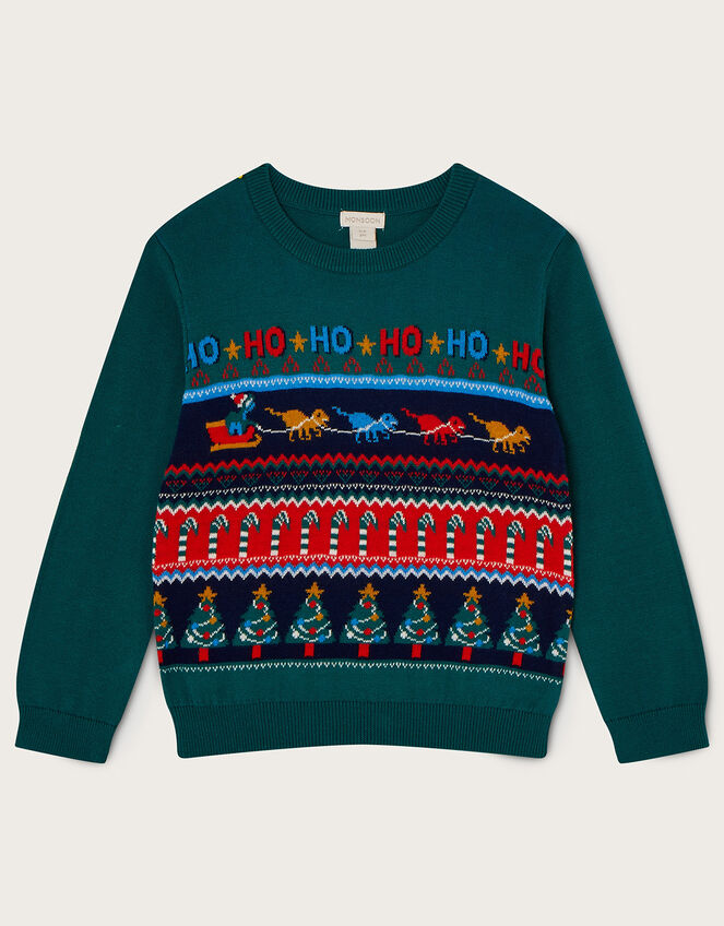 Dinosaur Christmas Intarsia Jumper, Green (GREEN), large