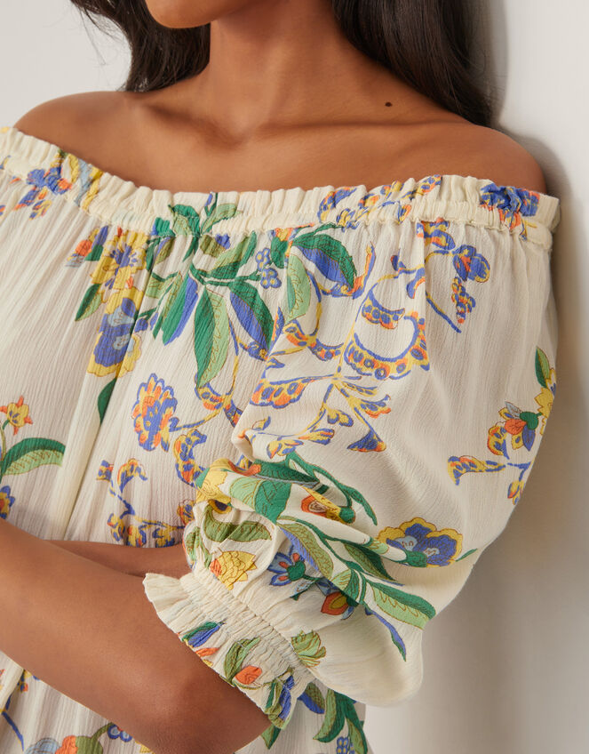 Kaia Floral Print Bardot Top, Ivory (IVORY), large