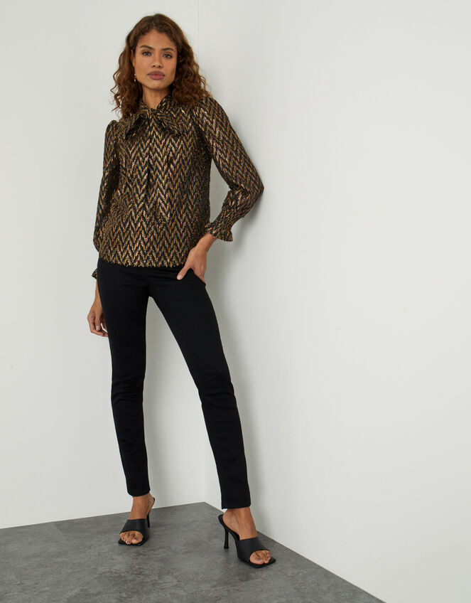 Gabrielle Metallic Pussybow Blouse, Black (BLACK), large