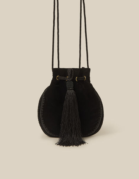 Hope Tassel Velvet Pouch Bag, Black (BLACK), large