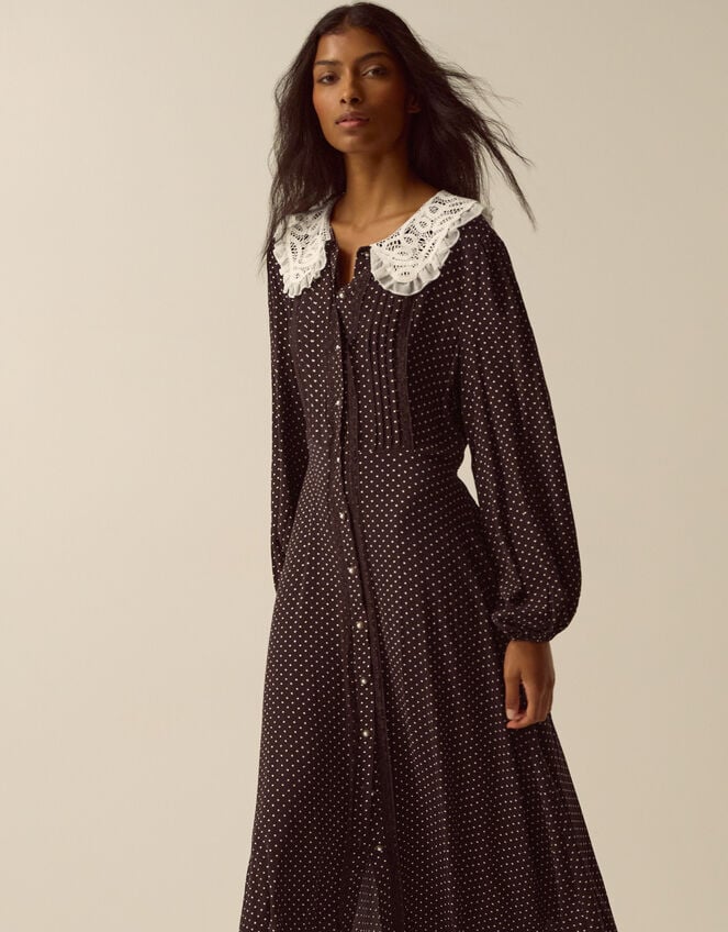 Shae Lace Collar Polka Dot Midi Dress, Brown (CHOCOLATE), large
