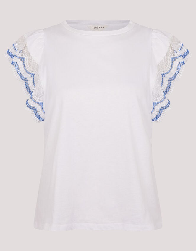 India Embroidered Flutter-Sleeve Top, Ivory (IVORY), large
