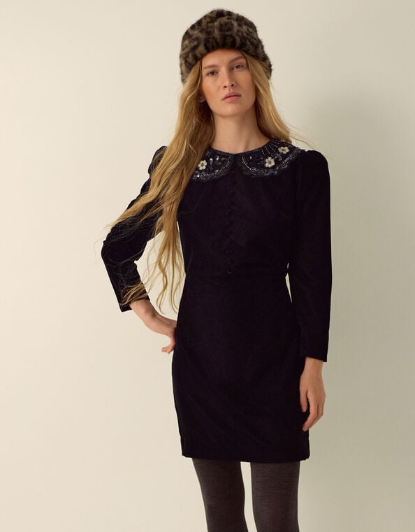 Monsoon x Queens of Archive Penny Sequin Collar Velvet Mini Dress​, Black (BLACK), large