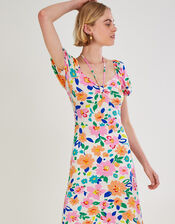 Floral Puff Sleeve Jersey Midi Dress, Ivory (IVORY), large