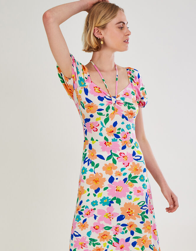 Floral Puff Sleeve Jersey Midi Dress, Ivory (IVORY), large