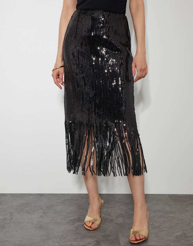Shay Sequin Tassel Pencil Skirt, Black (BLACK), large