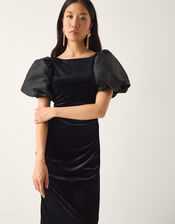 Sadie Puff Sleeve Velvet Midi Dress, Black (BLACK), large