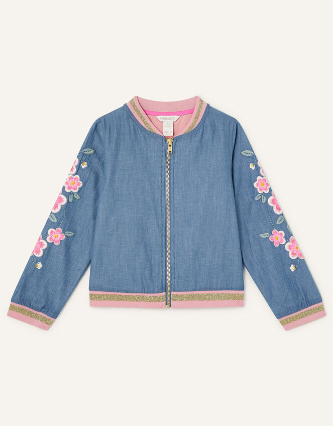 Floral Embroidered Chambray Bomber Jacket, Blue (BLUE), large