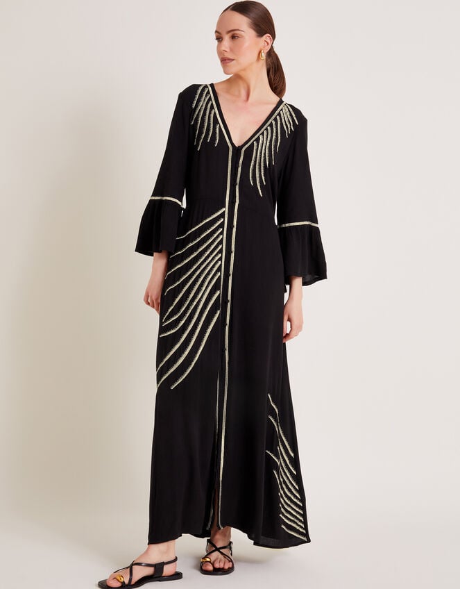 Cali Embroidered Leaf Kaftan Dress, Black (BLACK), large