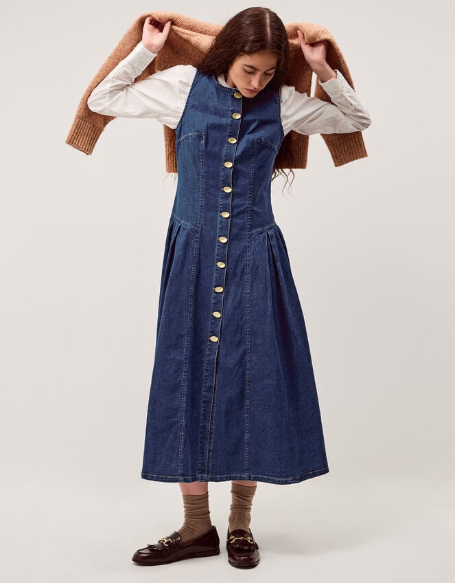 Layla Sleeveless Denim Midi Dress, Blue (INDIGO), large