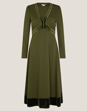 Viv Velvet Trim Long Sleeve Midi Dress, Green (KHAKI), large