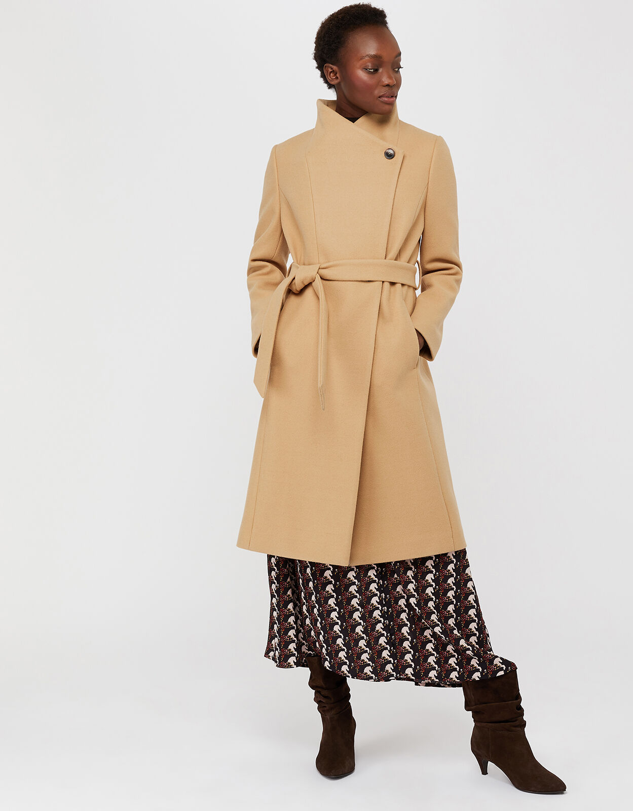 Rita Wrap Collar Long Coat Camel