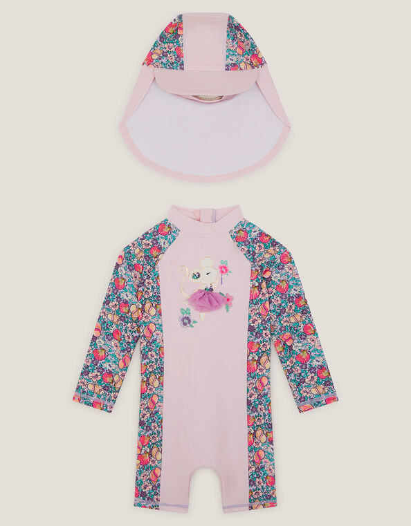 Baby Shell Print UPF50+ Swimsuit & Sun Hat Set, Pink (PINK), large