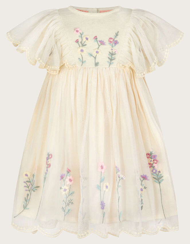 Baby Floral Embroidered Tulle Dress, Ivory (IVORY), large