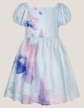 Pansy Puff-Sleeve Satin Dress, Blue (BLUE), large