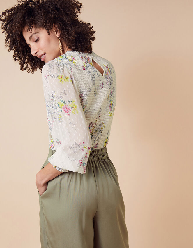 Blossom Print Shirred Blouse, Ivory (IVORY), large
