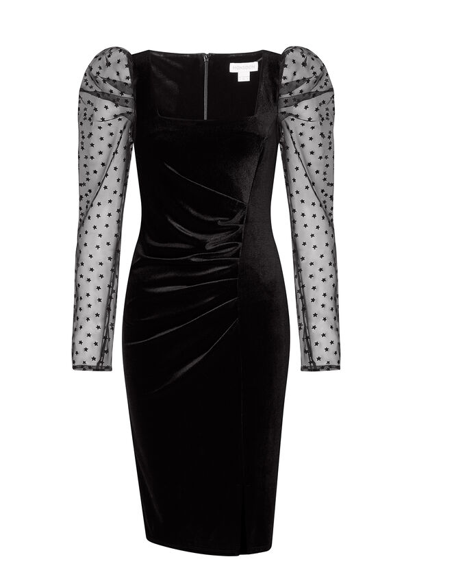 Jane Star Organza Sleeve Stretch Velvet Dress, Black (BLACK), large