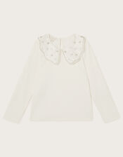 Beaded Collar Long Sleeve Rib Top, Ivory (IVORY), large