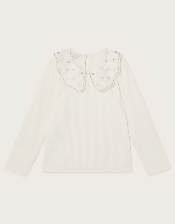 Beaded Collar Long Sleeve Rib Top, Ivory (IVORY), large