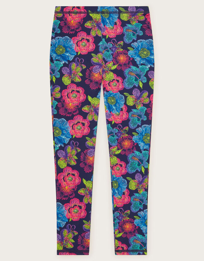 Floral Sketchy Swim Leggings with UPF50+ Protection Blue