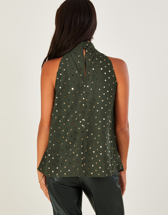 Camille Sequin Halter Top in Sustainable Viscose, Green (KHAKI), large