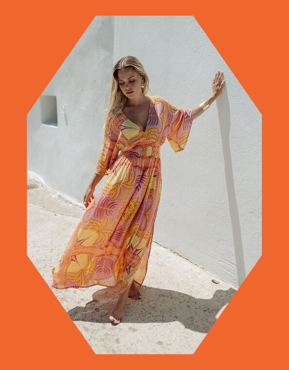 Piti Cuiti Plunge Floral Print Maxi Dress , Orange (ORANGE), large