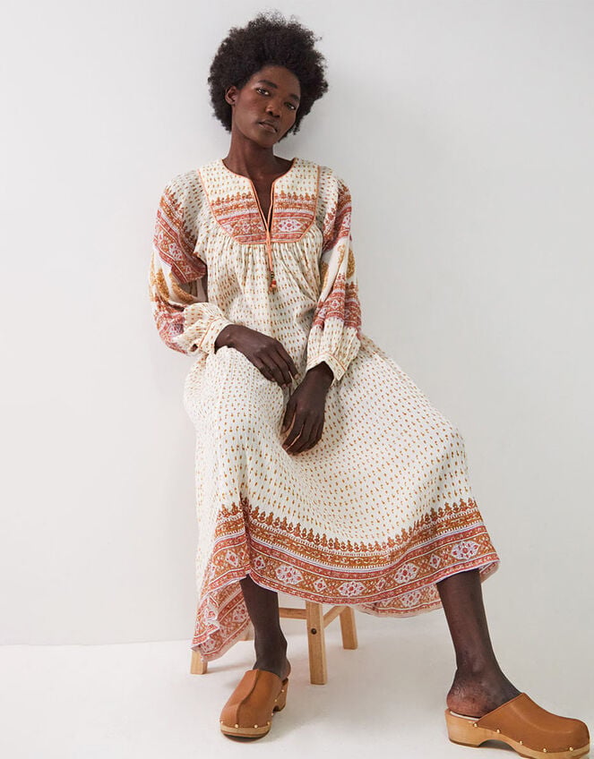 East Tilly Hand-Block Print Midi Smock Dress, Yellow (MUSTARD), large